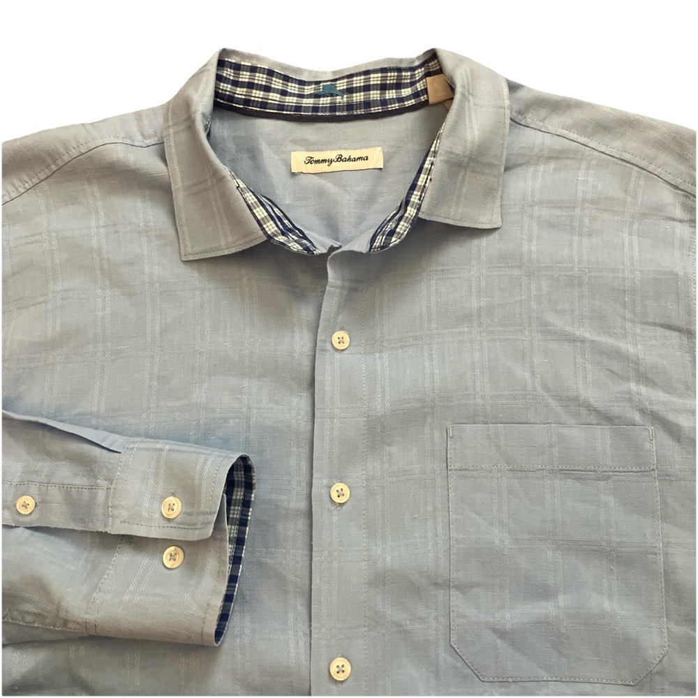 Tommy Bahama Mens Blue‎ Check Linen Sorona Polyester Blend Long Sleeve Shirt XL